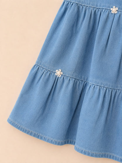 Yakalı Çiçek Aplikeli Kolsuz Elara Kot Elbise